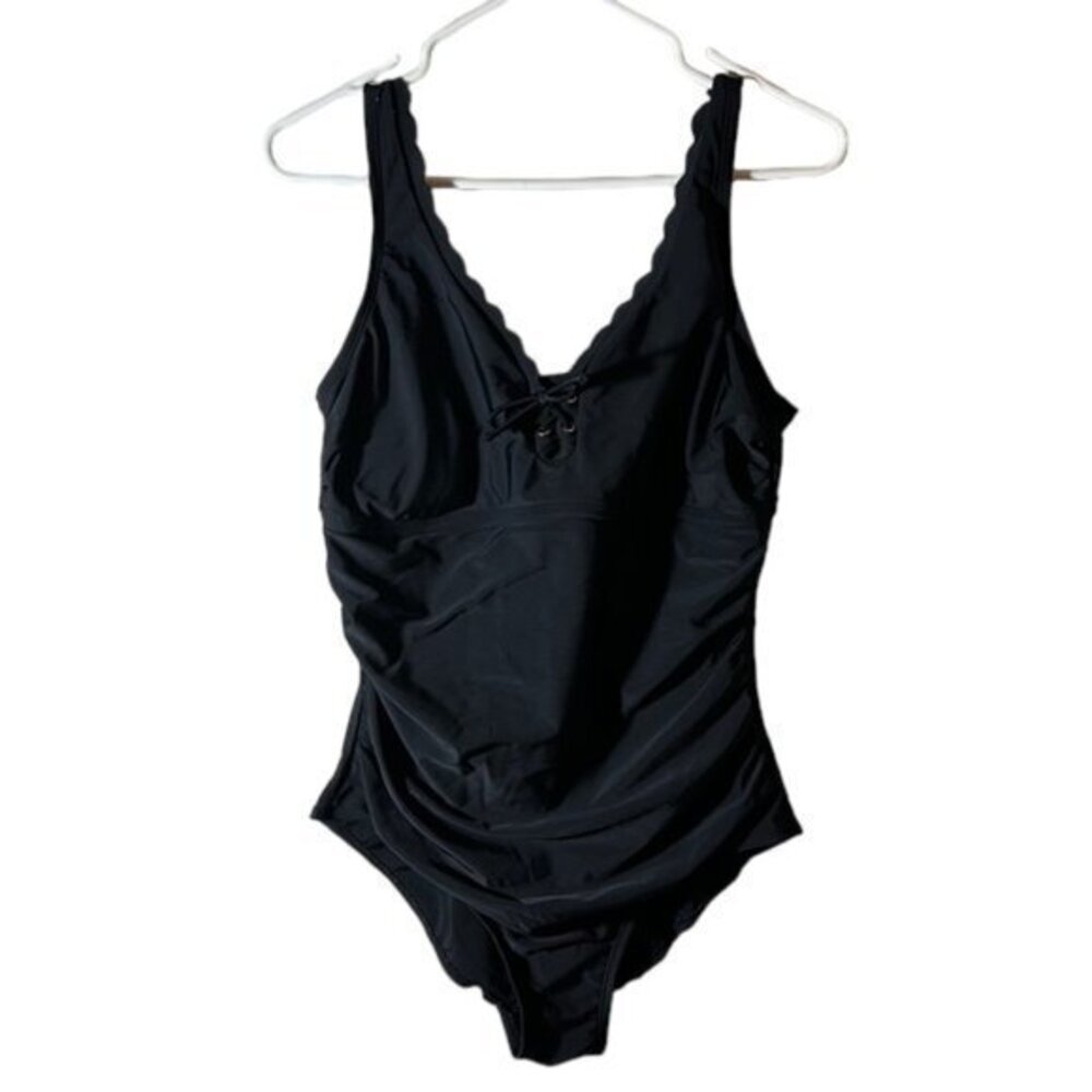 Kona Sol Black Swimsuit Grommet Scallop Tie V-Neck Size Large EUC #7695